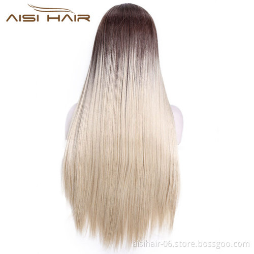 Good Quality Lace Front Wigs Silk Straight Blonde Ombre Synthetic Long Wigs Heat Resistant Synthetic Fiber Wigs